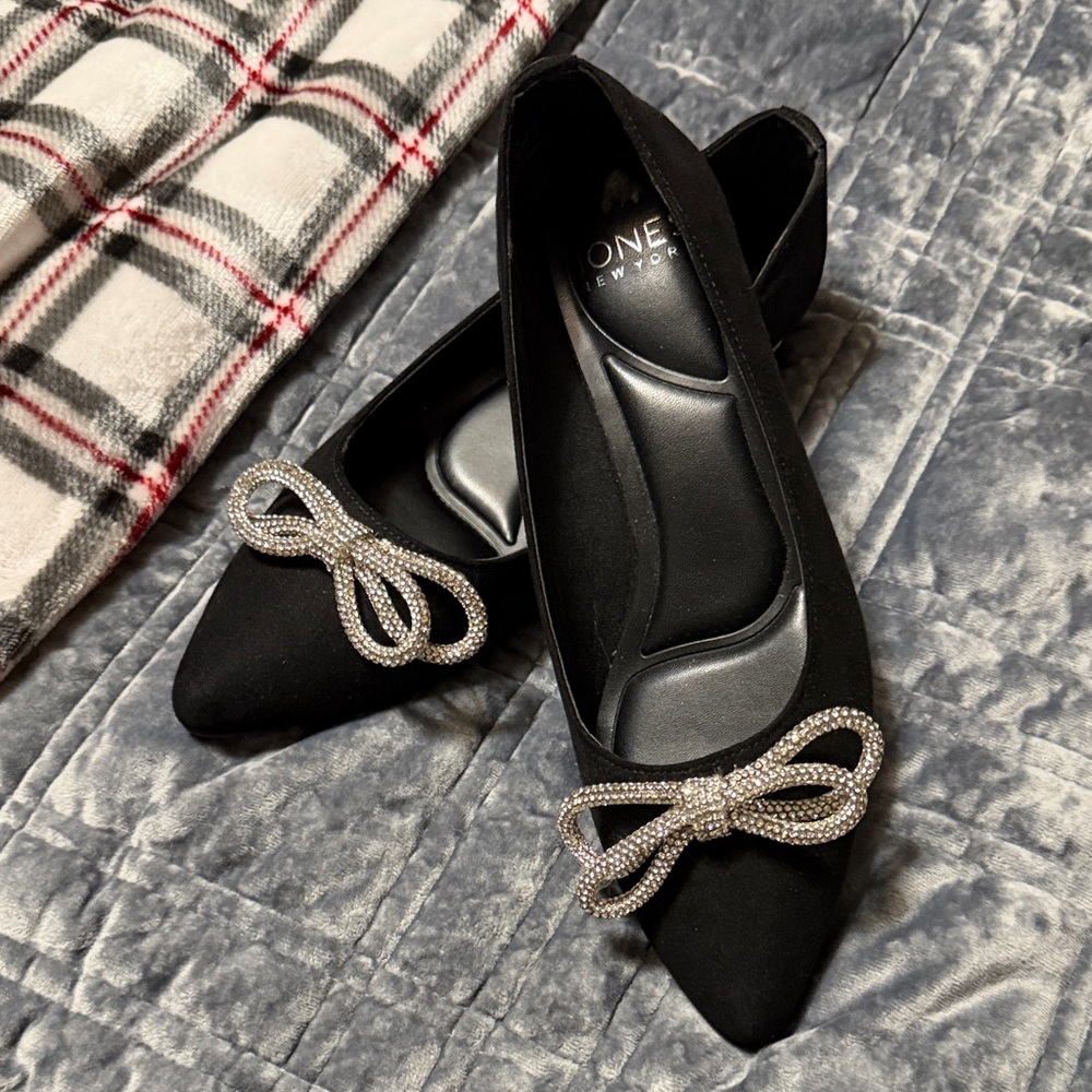 Nine West Black Suede Flats with Silver Rhinestone Bow - 8.5